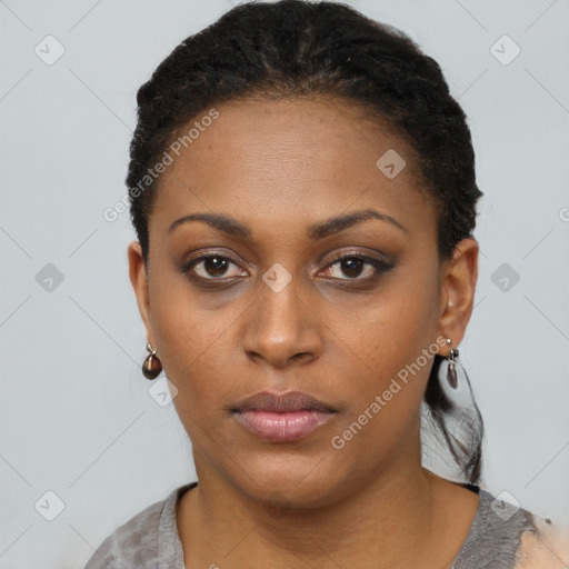 Neutral black young-adult female with short  black hair and brown eyes