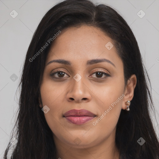 Joyful asian young-adult female with long  brown hair and brown eyes
