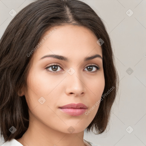 Neutral white young-adult female with medium  brown hair and brown eyes