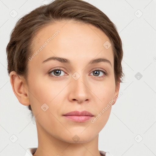 Neutral white young-adult female with short  brown hair and brown eyes