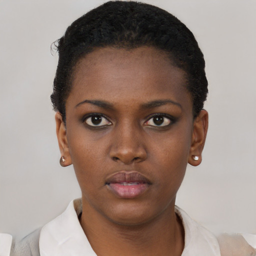 Neutral black young-adult female with short  black hair and brown eyes
