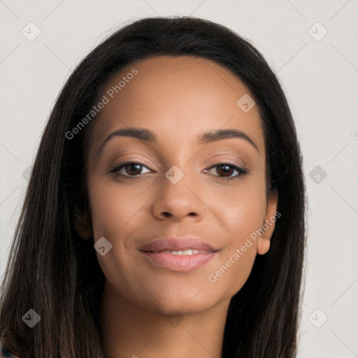 Joyful latino young-adult female with long  brown hair and brown eyes