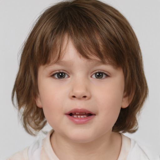 Neutral white child female with medium  brown hair and blue eyes