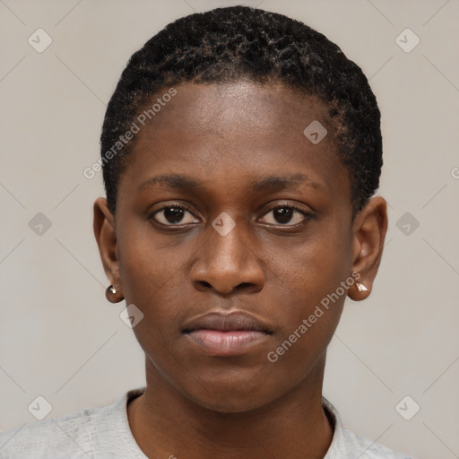 Neutral black young-adult female with short  black hair and brown eyes