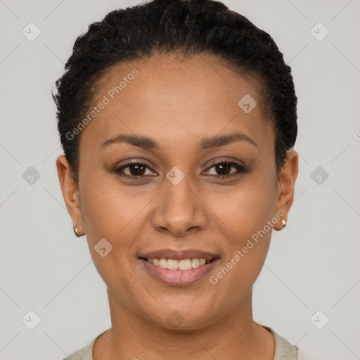 Joyful latino young-adult female with short  black hair and brown eyes
