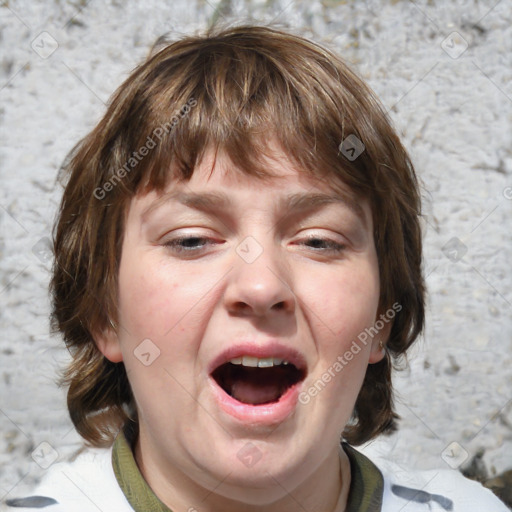 Joyful white adult female with medium  brown hair and brown eyes