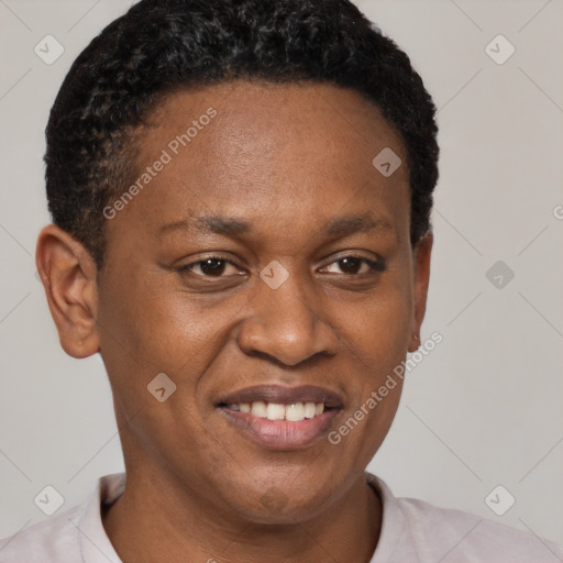 Joyful black adult female with short  brown hair and brown eyes
