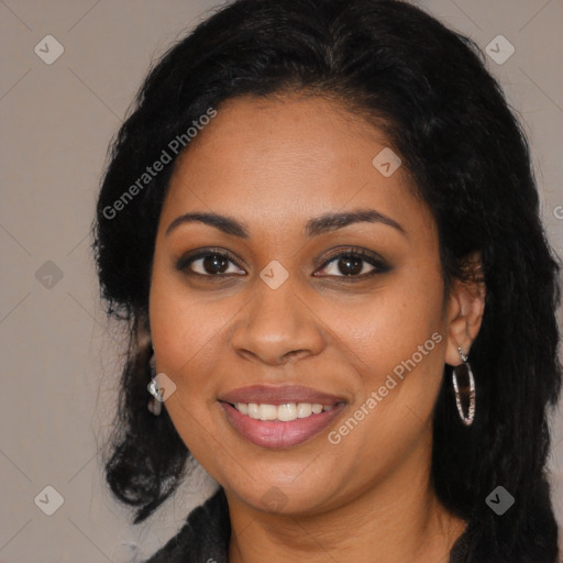 Joyful latino young-adult female with long  black hair and brown eyes