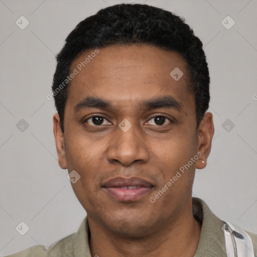 Joyful black young-adult male with short  black hair and brown eyes