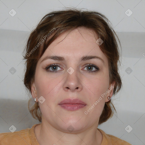 Neutral white young-adult female with medium  brown hair and brown eyes