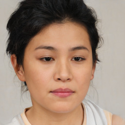 Neutral asian young-adult female with medium  brown hair and brown eyes