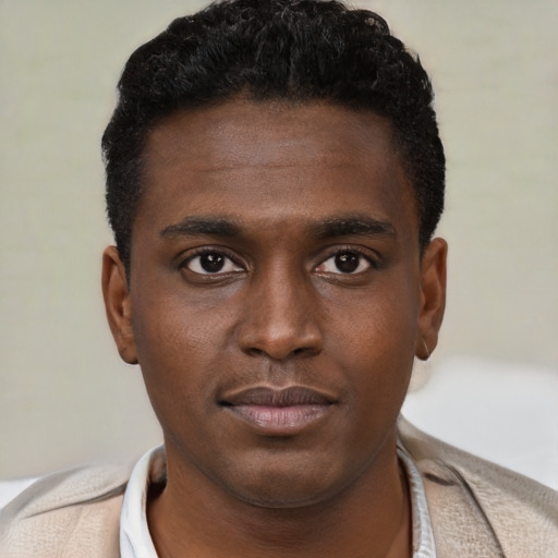 Neutral black young-adult male with short  black hair and brown eyes