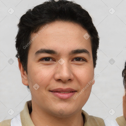 Joyful asian young-adult male with short  brown hair and brown eyes