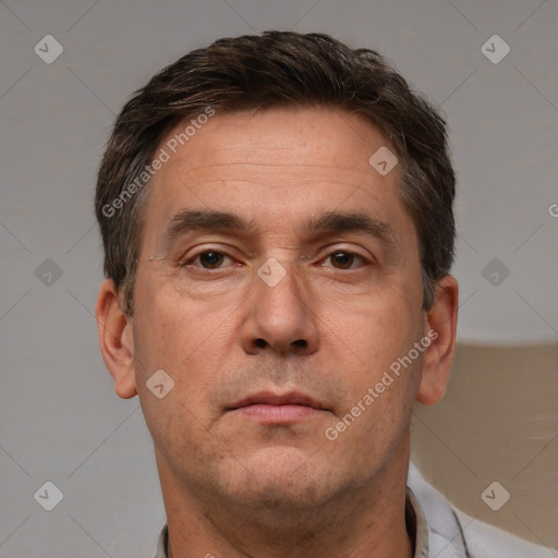 Neutral white adult male with short  brown hair and brown eyes