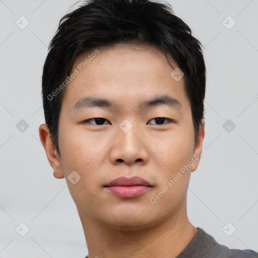 Neutral asian young-adult male with short  black hair and brown eyes