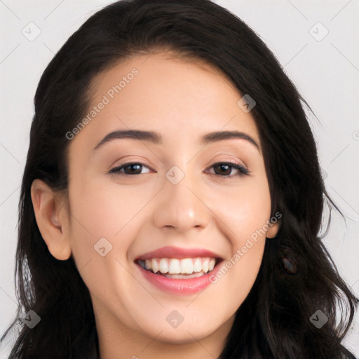 Joyful white young-adult female with long  black hair and brown eyes