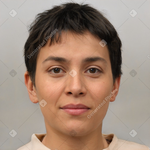 Joyful white young-adult female with short  brown hair and brown eyes