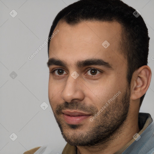 Neutral white young-adult male with short  black hair and brown eyes