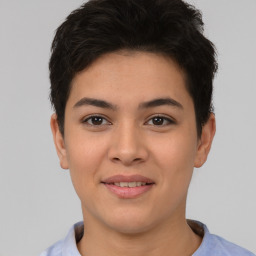 Joyful asian young-adult female with short  brown hair and brown eyes