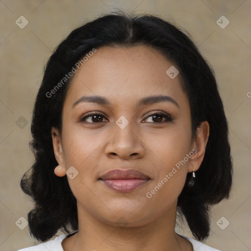 Joyful latino young-adult female with medium  black hair and brown eyes