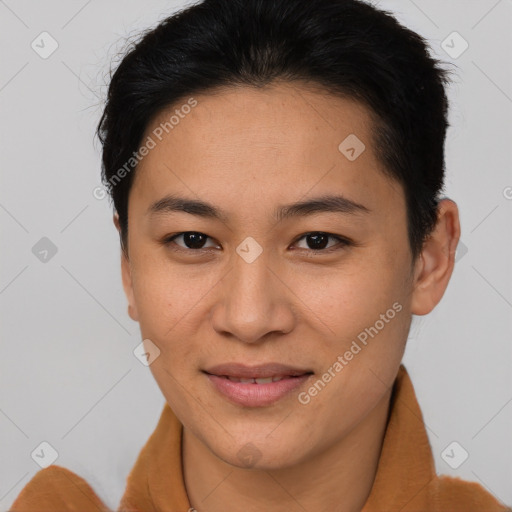 Joyful asian young-adult female with short  brown hair and brown eyes