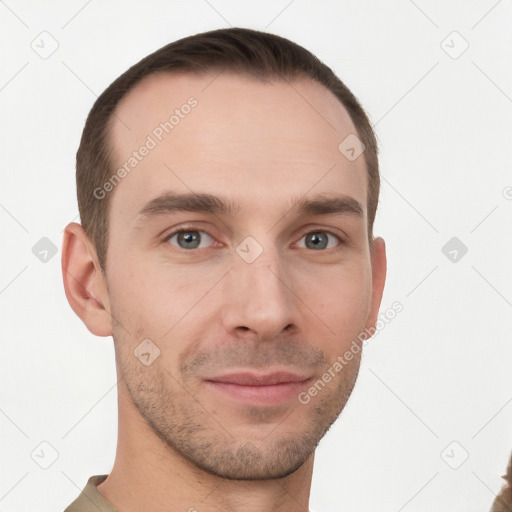 Neutral white young-adult male with short  brown hair and grey eyes