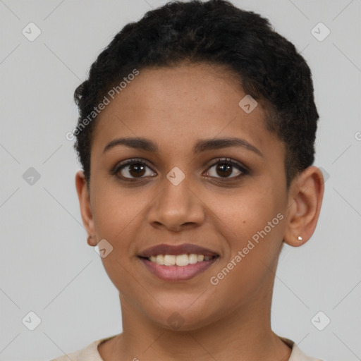 Joyful latino young-adult female with short  brown hair and brown eyes