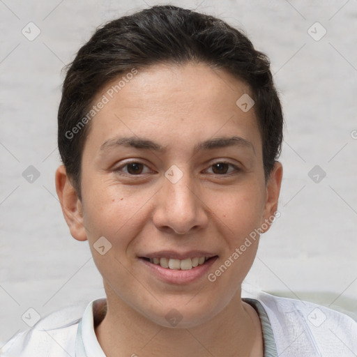 Joyful white young-adult female with short  brown hair and brown eyes