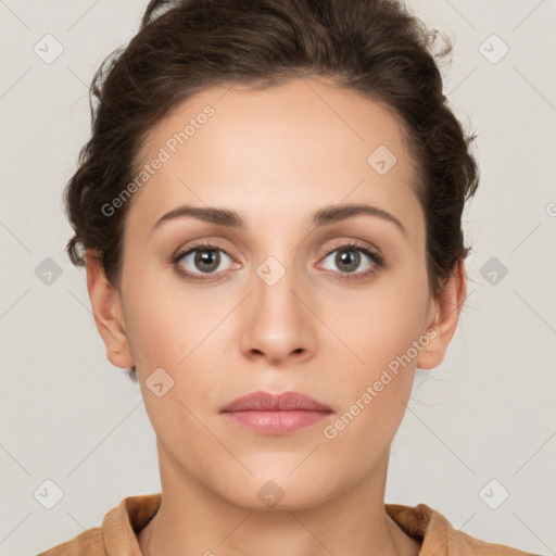 Neutral white young-adult female with short  brown hair and brown eyes