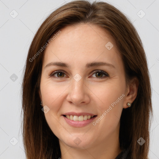 Joyful white young-adult female with long  brown hair and brown eyes