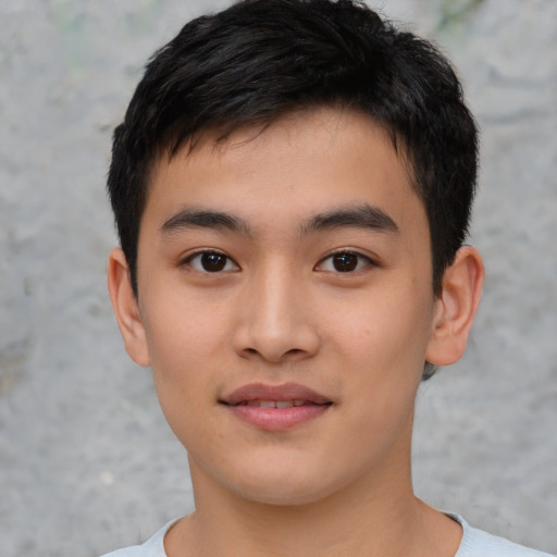 Joyful asian young-adult male with short  black hair and brown eyes