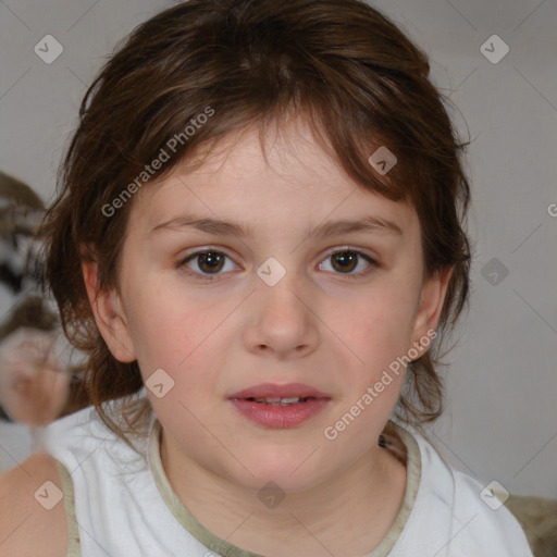 Joyful white child female with medium  brown hair and brown eyes