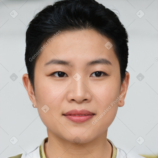 Joyful asian young-adult female with short  brown hair and brown eyes
