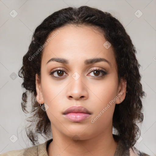 Neutral latino young-adult female with medium  brown hair and brown eyes