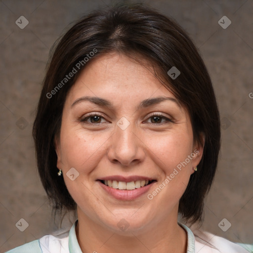 Joyful white adult female with medium  brown hair and brown eyes