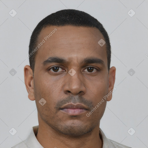 Neutral latino young-adult male with short  black hair and brown eyes