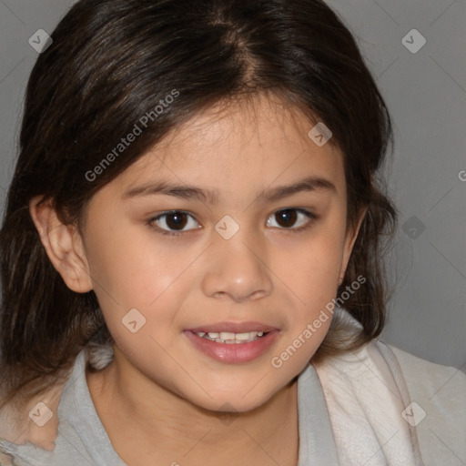 Joyful white child female with medium  brown hair and brown eyes