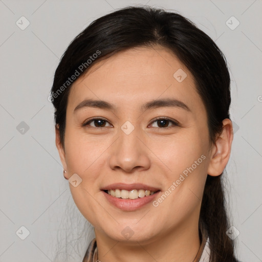 Joyful white young-adult female with medium  brown hair and brown eyes