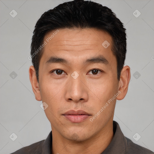 Neutral asian young-adult male with short  black hair and brown eyes