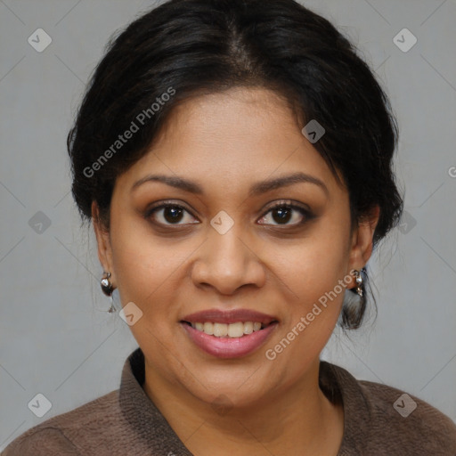 Joyful black young-adult female with medium  brown hair and brown eyes
