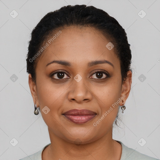 Joyful latino young-adult female with short  brown hair and brown eyes