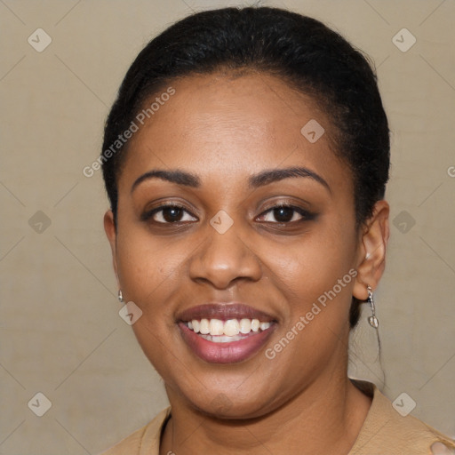 Joyful latino young-adult female with short  brown hair and brown eyes