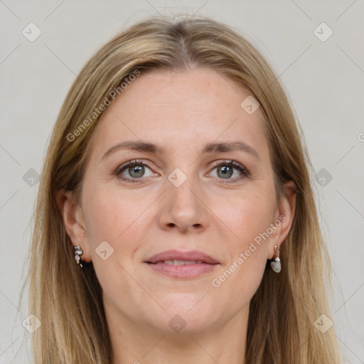 Joyful white adult female with long  brown hair and grey eyes