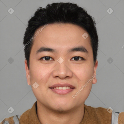 Joyful asian young-adult male with short  black hair and brown eyes