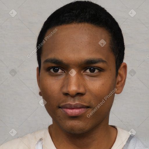 Neutral black young-adult male with short  black hair and brown eyes