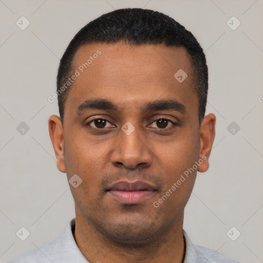 Neutral latino young-adult male with short  black hair and brown eyes