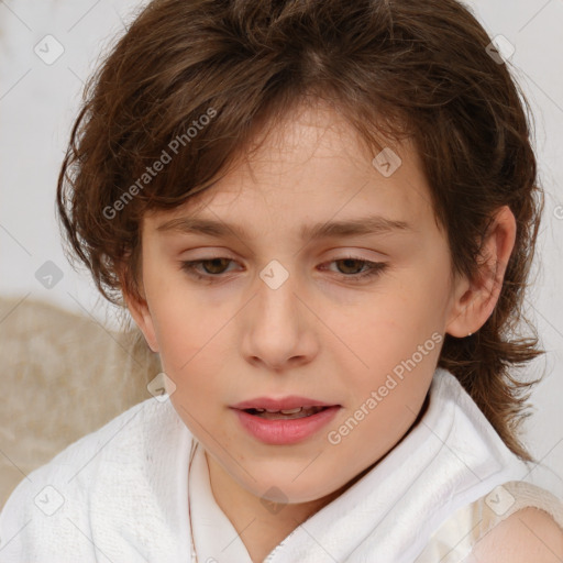 Joyful white child female with medium  brown hair and brown eyes