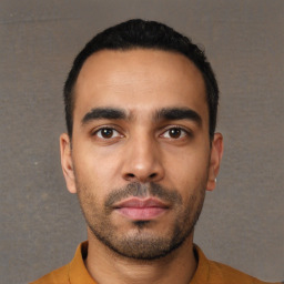 Neutral latino young-adult male with short  black hair and brown eyes