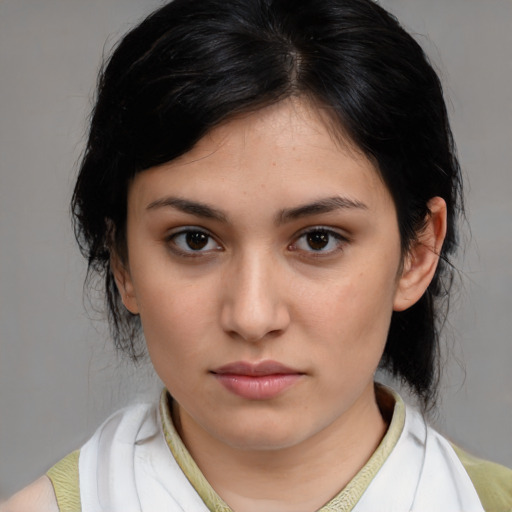 Neutral white young-adult female with medium  brown hair and brown eyes