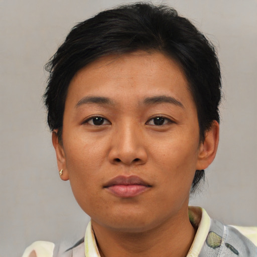 Neutral asian young-adult female with short  brown hair and brown eyes